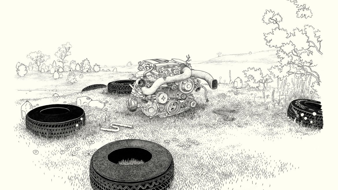Anders Nilsen, Car Engine with Tires. Ink on Paper. 38" x 46"
