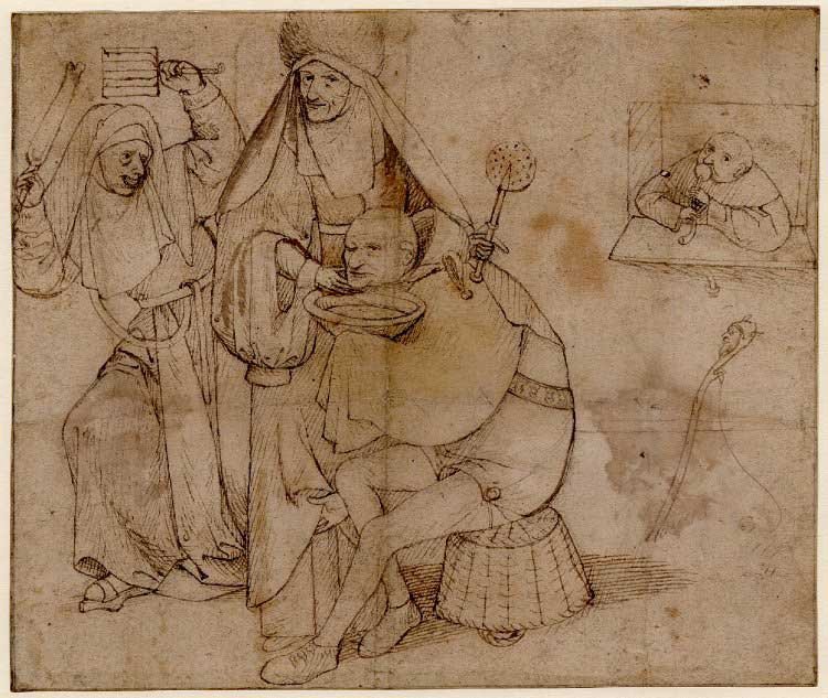Hieronymus Bosch, "A fool seated on a basket about to be shaved by a nun holding a wafer iron."