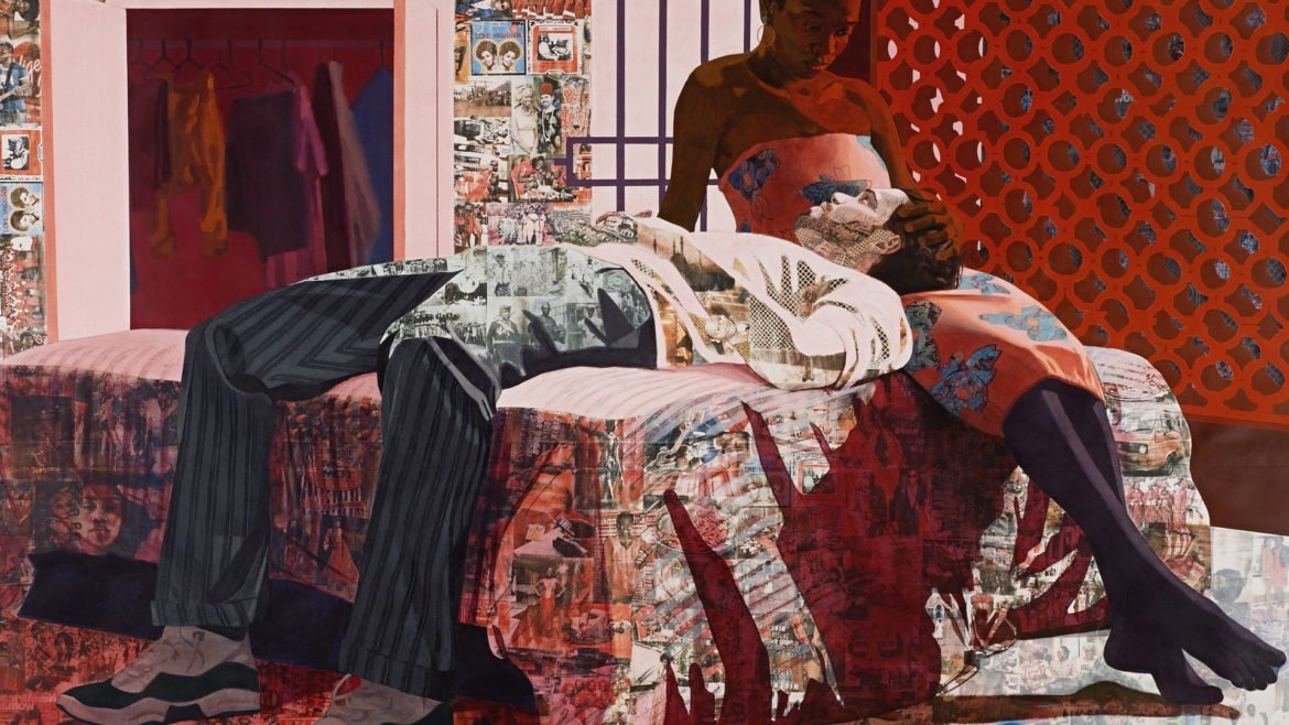 Njideka Akunyili Crosby, "Nwantinti," 2012. Acrylic, charcoal, pencil color, collage and transfers on paper.  5.57 ft. x 8 ft. [Photograph by Marc Bernier. Image Courtesy of the artist and Victoria Miro, London]
